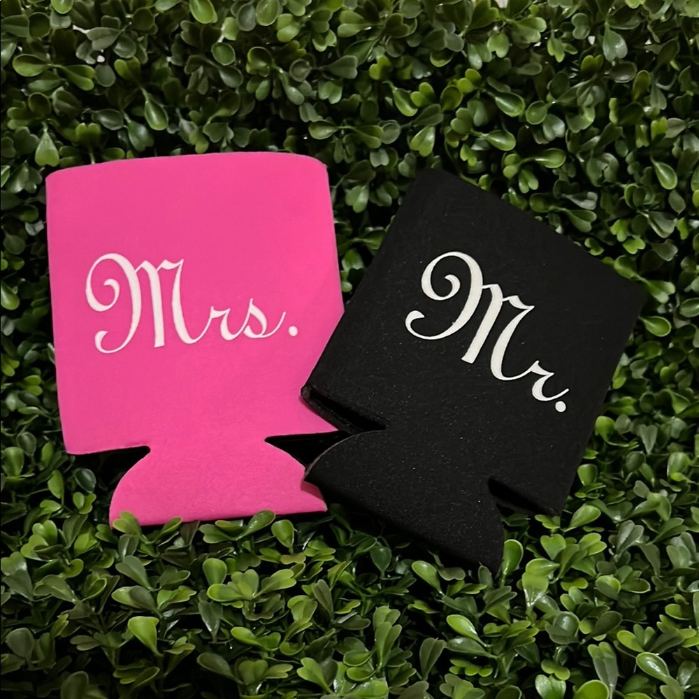 Pink and Black Mr and Mrs Koozie set